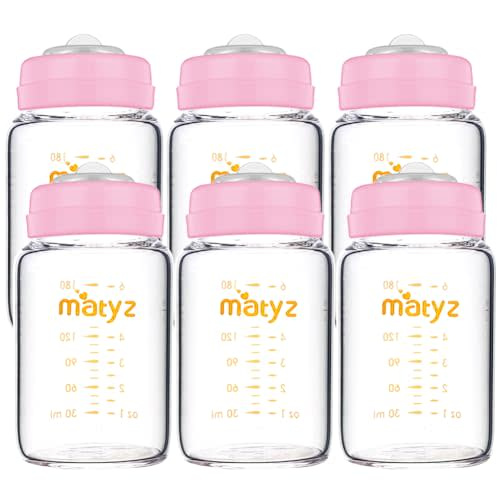 Matyz Glass Breastmilk Storage Containers, 6 Pack, 6 oz bottle, Compatible With Spectra Medela Philips Pump - Freezer Safe Storage Bottles Set - Leakproof Glass Baby Bottles - BPA Free (Pink Lids)