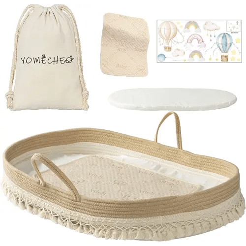 YOMECHEO Baby Changing Basket, Diaper Changing Basket for Baby, Boho Nursery Decor Changing Table Baskets for Dresser with Extra Foam Cushion, Waterproof Changing Mat, Storage Bag & Adorable Stickers