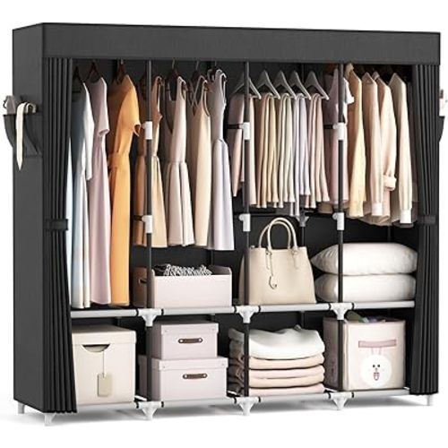VTRIN Portable Closet for Hanging Clothes 67 Inch Wide Large Capacity Portable Wardrobe Closet with Cover, 4 Storage Shelves and 4 Hanging Rod Sturdy Free Standing Closet for Bedroom, Black
