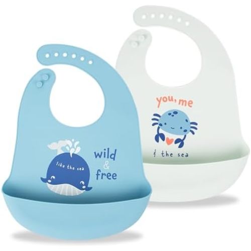 2 Pack Silicone Baby Bibs Adjustable Fit Waterproof Bib With Leak Proof Food Pouch Catcher for Eating Boys Girls
