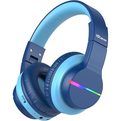 iClever BTH12 Kids Bluetooth Headphones,Colorful LED Lights Kids Headphones Wireless,74/85dBA Safe Volume,85H Playtime,Fast Charging,Bluetooth 5.2,Over Ear,Built-in Mic for iPad/Tablet/Airplane,Blue