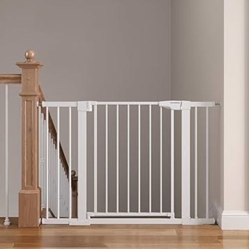 Baby Gate for Stairs, 29.6"-46" Pressure Mounted Pet Gate with Walk Through Door, Auto Close Dog Gate for House, Stairs, Doorways