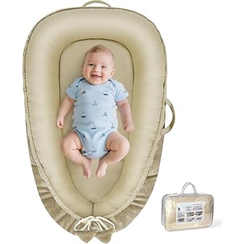 Baby Lounger - Baby Lounger for Newborn 0-24 Months, Breathable and Soft Cotton and Velvet Cover Baby Nest, Portable Cozy Infant Lounger for Home and Travel, Ideal Baby Essentials & Shower Gifts