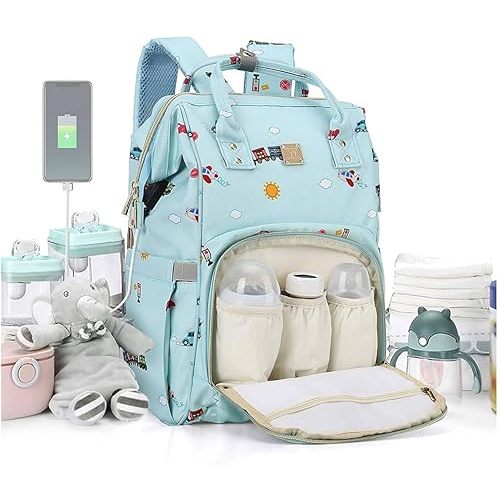 Diaper Bags Backpack Baby Bag for Mom Dad Baby Girls Boy, Cute Mult Diaper Nappy Bag Travel Back Pack,Waterproof Maternity Changing Bag Baby Stuff with USB Charging Port Stroller Straps Large Blue