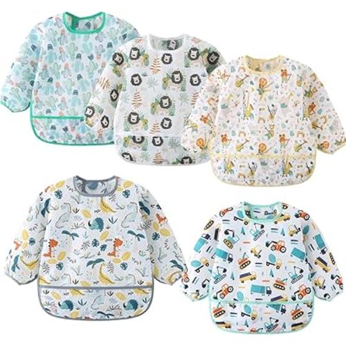 ElecMotive 5 Pack Long Sleeve Bib,Baby Toddler Waterproof Sleeved Bib for 6-30 Months Reusable with Catch-all Pocket