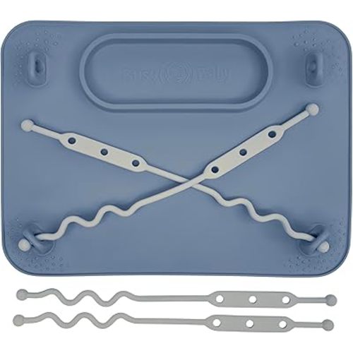 BUSY BABY Silicone Mat - New and Improved Suction Cups, 4 Straps to Secure Baby Essentials, Self Feeding, Baby Led Weaning, Travel Sleeve Included (Pewter)