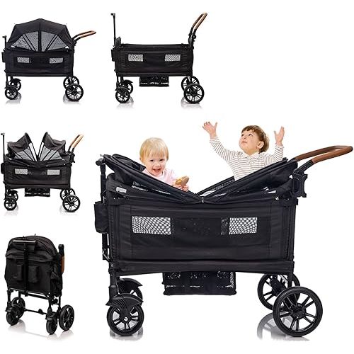 Stroller Wagon for 2 Kids- Lightweight Travel Folding Push Pull Baby Wagon for Newborn&Toddler with 5-Point Harness,Adjustable Canopy,Tray Table,Cup Holder,Storage Pocketsets