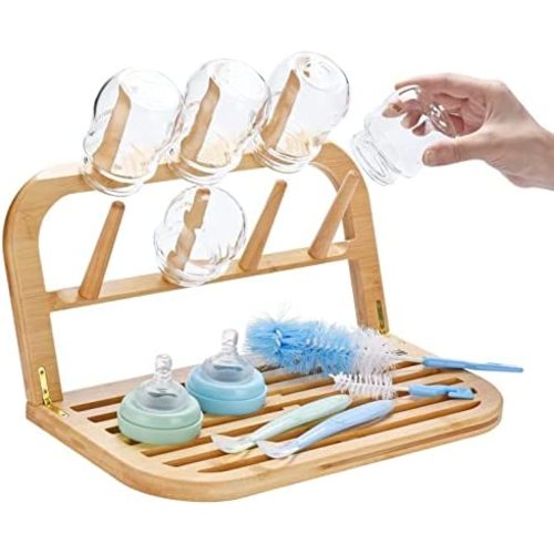 POSTEK Bamboo Baby Bottle Drying Rack Space Saving Travel Baby Bottle Holder Portable Countertop Bottle Dryer Rack Organizer for Baby Bottles Accessories
