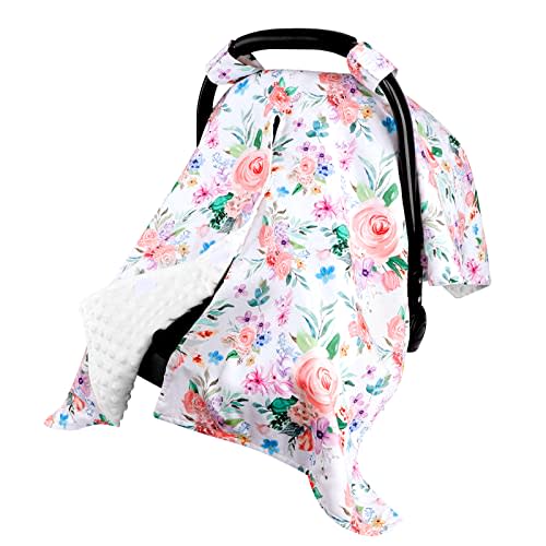 Baby Car Seat Cover, Peekaboo Opening Spring Car Seat Canopy for Baby Girls Boys, Mom Nursing Breastfeeding Covers, Blanket for Infant, Pink Watercolor Flower