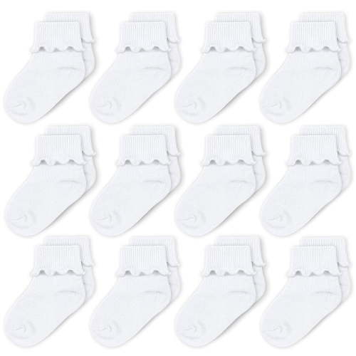 CozyWay Baby Ruffle Socks Baby Girl Turn Cuff Ankle Comfy Cotton Socks Infant - 0-9 Months Unisex White - 12 Pack
