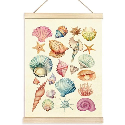 TAEDIN Beach Seashell Wall Art Poster Hanger Frame - Summer Coastal Nautical Wall Art with Wood Frames, Colorful Preppy Trendy Wall Hanging Decor for Bathroom Home Lake Beach House, 12x16 Inches