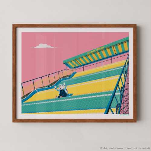 Celebrate the Minnesota State Fair with this Giant Slide art print featuring Fairborne. Nostalgic Minnesota wall art for fair fans & locals.