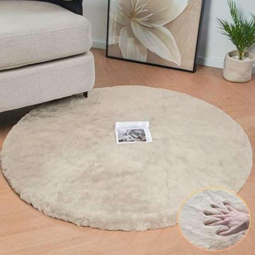Camel Washable Shag Area Rugs for Living Room Small Plush Faux Bunny Shaggy Fur Round Rugs 4ft Cute Room Nursery Rug