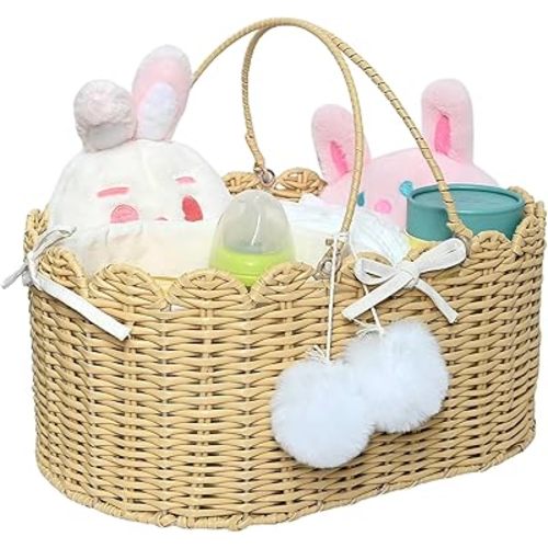 Baby Scalloped Rattan Basket Handmade Woven Diaper Caddy Organizer Cute Nursery Diaper Moses Changing Shower Basket For Baby Boy Girl (Natural)