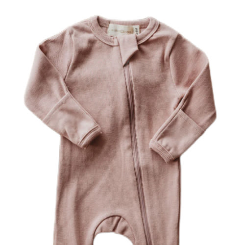 Organic cotton ribbed knit one-piece in "Mauve"