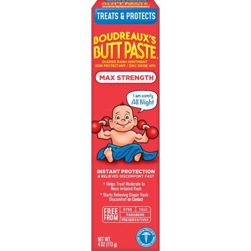 Boudreaux’s Butt Paste Max Strength Diaper Rash Cream for Baby, Ointment With Zinc Oxide, 4 oz Tube