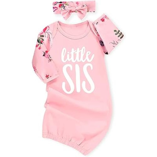AMAWMW Newborn Baby Girl Little Sister Sleeper Gown Stripe Long Sleeve Nightgown Pajamas Gifts Stuff Essential Outfit