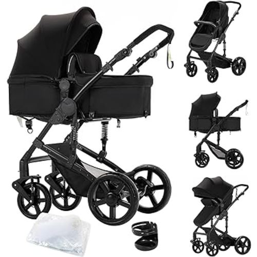 2 in 1 Baby Stroller with Bassinet Reversible Portable Standard Baby Stroller Convertible Pushchair Infant Buggy Baby Carriage Foldable High Landscape Pram for Toddler Newborn (2US588-BLACK)