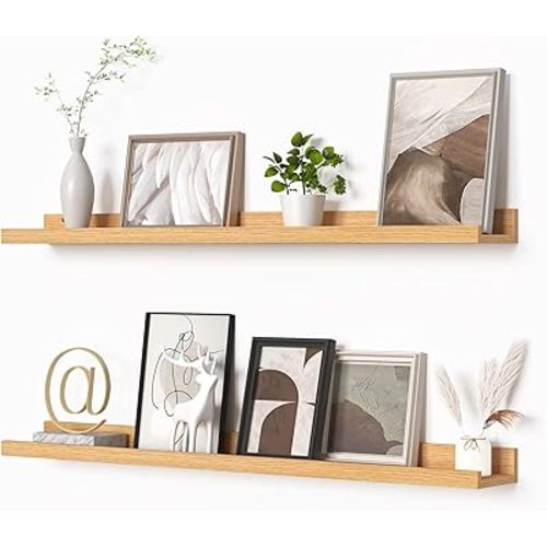 Picture Ledge Shelf, Floating Shelves Set of 2, 36 Inches Picture Shelf for Wall with Ledge, Kids Bookshelf Wall Mounted for Living Room Bedroom Decor Books Photo Frames - Natural Oak