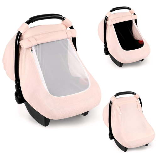 LADYGYM Muslin Car Seat Cover Baby - Breathable and Privacy Car Seat Canopy with 3 Modes - Easy Install & Gift Box Packaging,Universal Fit for Infant Car Seats,Pink