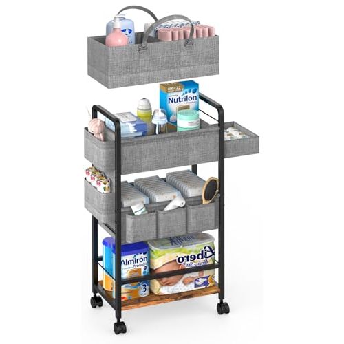 LIDTOP 2In1 Baby Diaper Caddy & 4-Tier Diaper Cart Organizer With Wheels, Rolling Cart with Dividers & Dust-proof Drawer, Metal Detachable Bedside Cart for Nursery Essentials Storage, Large Capacity