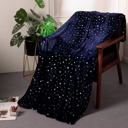 Stellhome Navy Blue Throw Blanket, Ultra Soft Thick Flannel Star Foil Print Fleece Bed Blanket for Sofa Couch, Twin Size 80"x65"