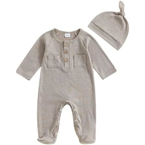Newborn Baby Boy Girl Footies Romper Solid Button Long Sleeve Footed One-Piece Jumpsuit with Hat Coming Home Outfit