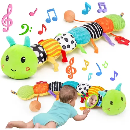 Baby Sensory Toy 0-6 Month Music Animal Stuffed Plush Caterpillar Toy for Infant 0-3-6 Month Tummy Time with Baby Mirror Crinkle Rattle for 6-12 Month Texture Toy for Newborn Boys Girls Birthday Gifts