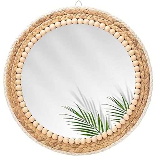 15 Inch Boho Round Hanging Wall Mirror Decorative Rattan Circle Wall Mounted Mirror for Farmhouse, Living Room, Bedroom, Bathroom, Boho Nursery Decor for Girl