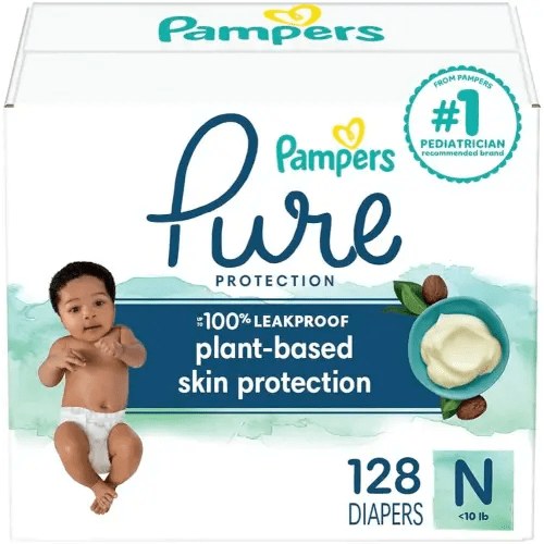 Pampers Pure Protection Baby Diapers, Size 0 (10 lbs ), 128 Count, Up to 100% Leakproof, Premium Plant-based Skin Protection, Hypoallergenic Soft Diapers