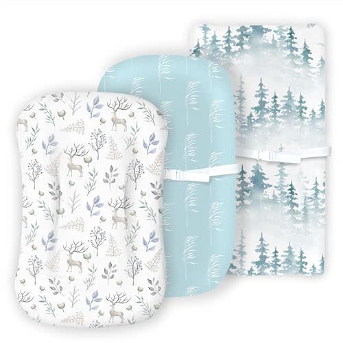 100% Organic Cotton Baby Lounger or Changing Pad Covers with Reenforced Safety Strap Holes. Fits Evolur, Munchkin, Delta, Snuggle Me and More. Multi-Use 3 Pk of Covers Only, Green Pattern