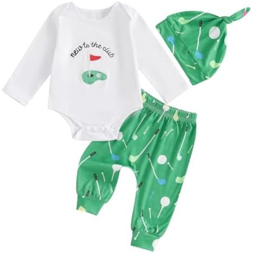 Newborn Baby Boy Girl Golf Outfit New To The Club Embroidery Long Sleeve Romper Golf Pants Hat Set 3Pcs Fall Clothes
