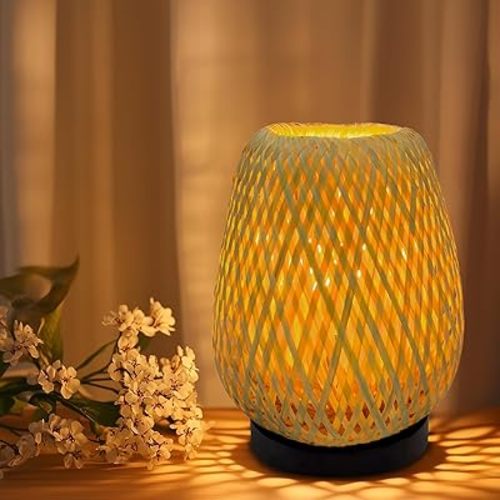 Dimmable Rattan Table Lamp, Handmade Boho Woven Nightstand Lamp, Adjustable Warm Glow for Bedroom, Living Room, and Home Decor
