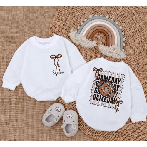 Custom Name Bow Game Day Baby Romper, Baby Girl Football Outfits, Game Day Vibes, My First Football Season Outfit, Baby Girl Outfits
