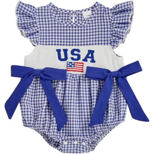 Owl's-Yard Baby Girl Smocked Romper Short Sleeve Bubble Rompers Summer Clothes Plaid Print Embroidery Bow Bodysuit