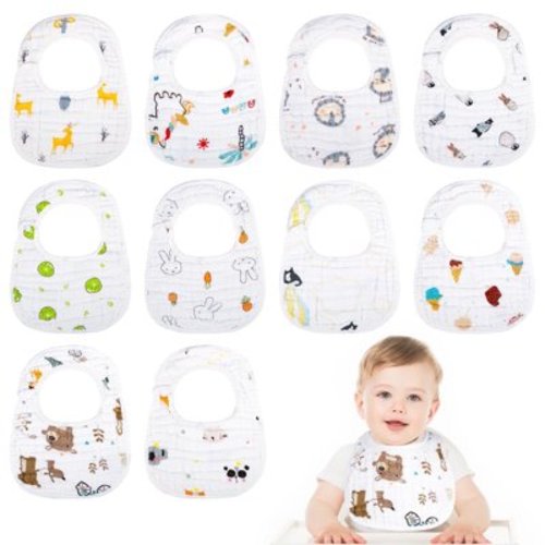 Qweryboo Baby Boy Muslin Cotton Cloth Drool Baby Bibs with Adjustable Snap, 10 Pieces