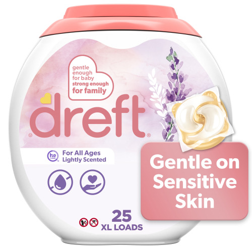 Dreft Laundry Detergent XL Pacs, Lightly Scented, Lavender, HE Compatible, 25 Count