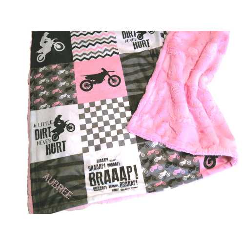 Girls Dirt Bike Blanket, Custom Motocross Baby Blanket, Pink and Black Minky Plush Toddler Bedding, Dirt Bike Nursery Decor