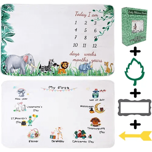 vmaisi Baby Milestone Blanket Gifts - Newborn Boy & Girl Monthly Year Infant Growth Blankets Nursery Swaddling Blankets (Green Animals, Double Printed)