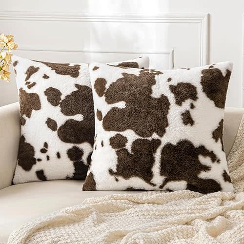 Woaboy Pack of 2 Luxury Faux Fur Throw Pillow Covers Cowhide Decorative Soft Fluffy Plush Couch Throws Brindle Cushion Covers for Couch Living Room Sofa Bedroom 18x18 Inch，Coffee