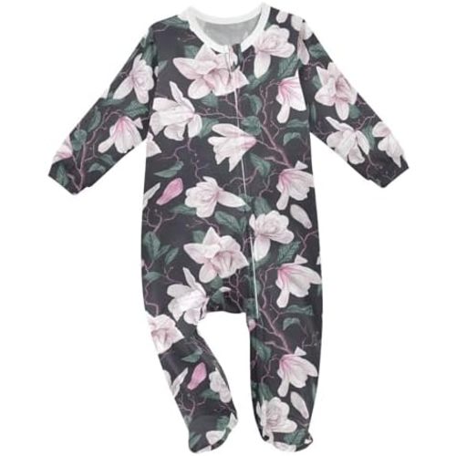 Dussdil White Magnolia Flowers Baby One-Piece Footies Newborn Rompers Pajamas Cotton Footed Pjs for Sleep Play Boys Girls