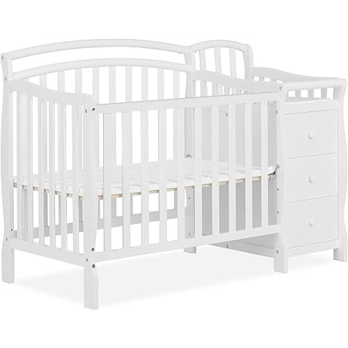Dream On Me Casco 3-In-1 Mini Crib And Changing Table In White, Convertible Crib, Made Of Pinewood, Three Position Adjustable Mattress Height Settings