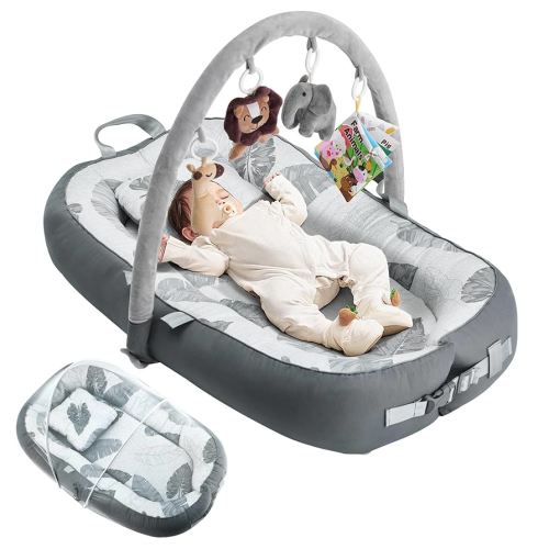 Portable Baby Lounger with 4 Toys,Infant Lounger with Fitness Rack 0-24 Months,Co Sleeping Breathable & Soft 100% Cotton Newborn Lounger Machine-Washable (Baby Lounger with Fitness Rack)