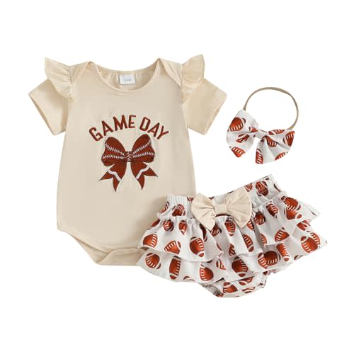 ZIXILOVGIR Baby Girl Football Outfit Game Day Bow Romper Rugby Layered Bloomers Shorts Boutique Summer Clothes+Headband