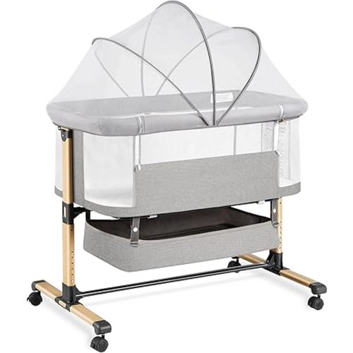 3-in-1 Baby Bassinet Bedside Sleeper, Infant Bedside Bassinet, 6 Adjustable Height, Breathable Mesh, Lockable Wheels, Storage Basket, Easy Folding Portable Crib for Newborn (Grey)