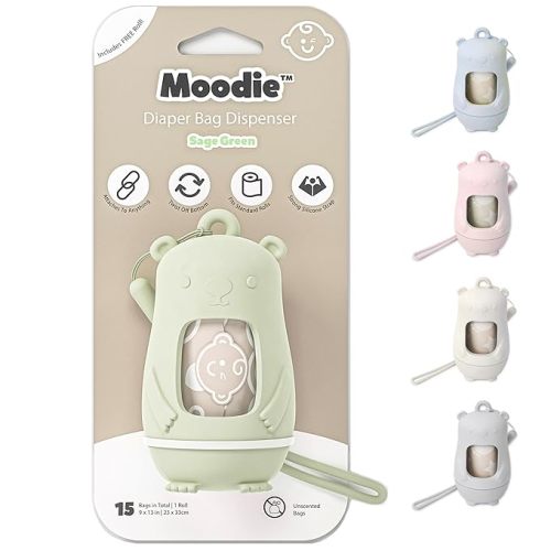 Teddy Bear Diaper Bag Dispenser | Diaper Trash Bags on the Go Dispenser w/Silicon Strap | 15 UNSCENTED Baby Poop Bags per Roll | Dirty Diaper Bags Disposable | Diaper Waste Bags (SAGE GREEN)