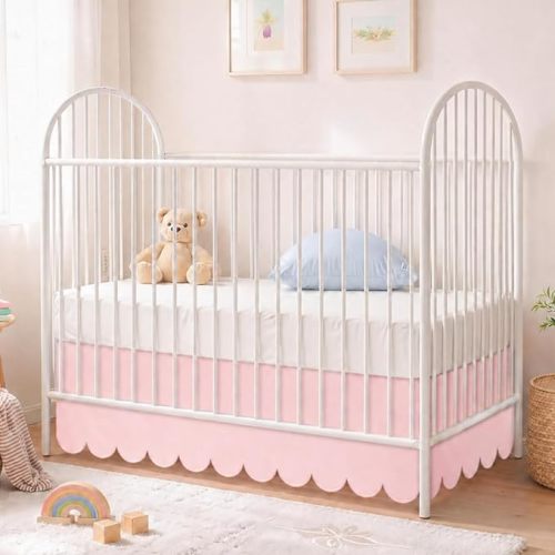 Hahafelt Scalloped Crib Skirt for Baby Girl Nursery, 28"x 52" with 14" Drop, 4-Sided Dust Ruffle, Soft Breathable Fabric, Elegant Nursery Decor, Fits Standard Crib, Pink