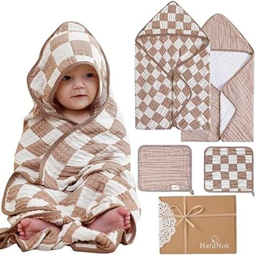 Ultra Soft Muslin Baby Towel Set 4-Piece - Muslin & Bamboo Viscose Blend, Ideal for Bath & Beach, Perfect for Baby Boys & Girls, (Coffee Checkered, 32x32 inches)