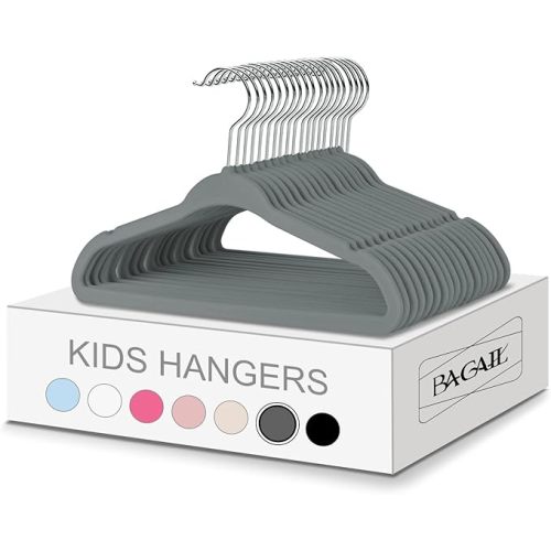 BAGAIL Kids Velvet Hangers 13.75 Inches Children's Clothes Hangers Non-Slip Baby Hangers for Infant/Toddler (Grey, 50pack)