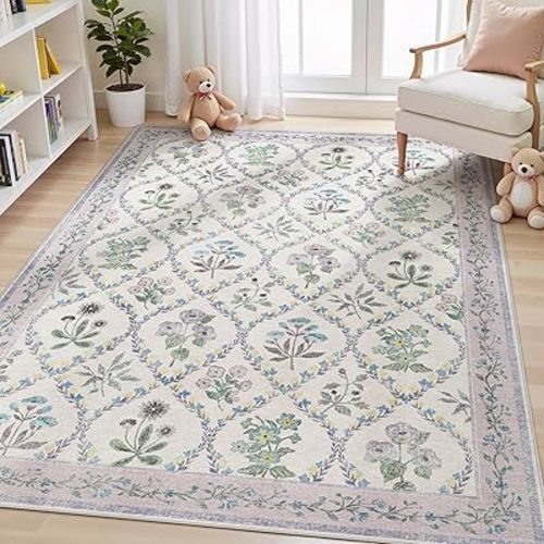 Purple Rug for Girls Room, 5x7 Washable Boho Floral Area Rugs for Living Room, Cute Ultra-Thin Non Slip Indoor Girls Bedroom Decor Lavender Carpet for Baby Nursery Kids Room Playroom Dorm